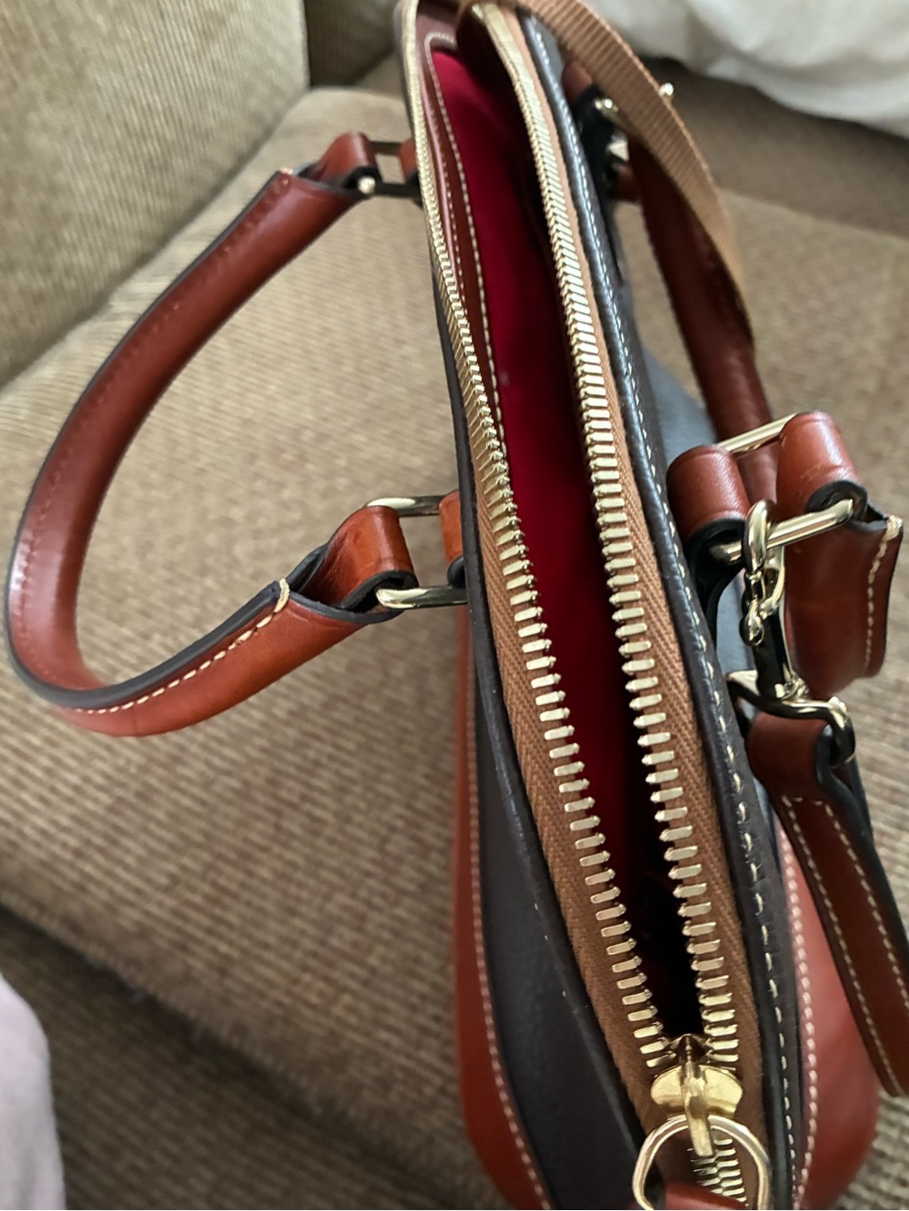Dooney & Bourke Dark Brown Leather Dome Satchel with Tan Trim - Picture 6 of 7